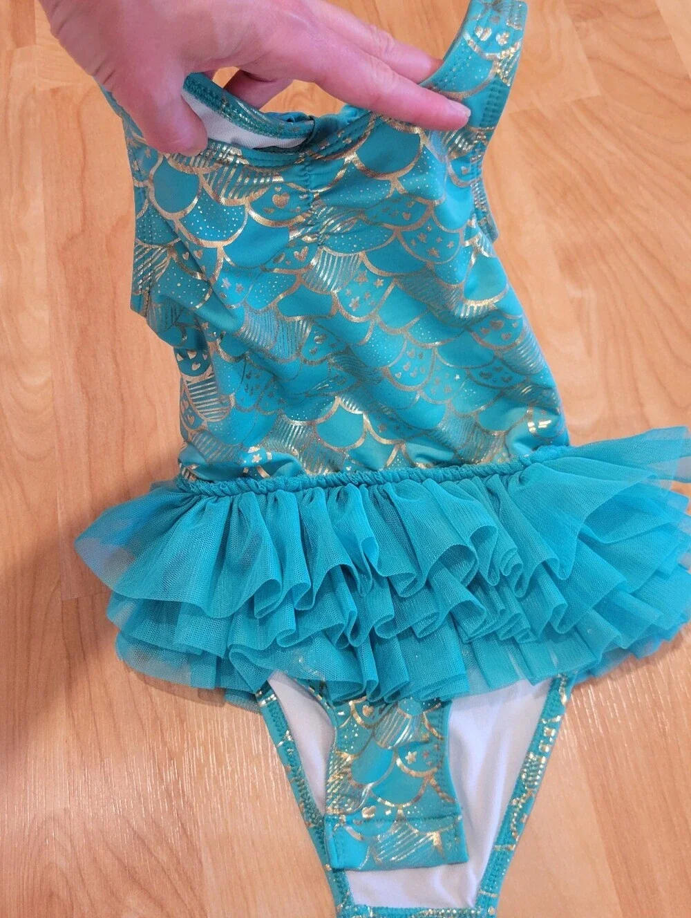 Cat & Jack Mermaid Tutu Swimsuit Teal with Gold Scales Size 3T